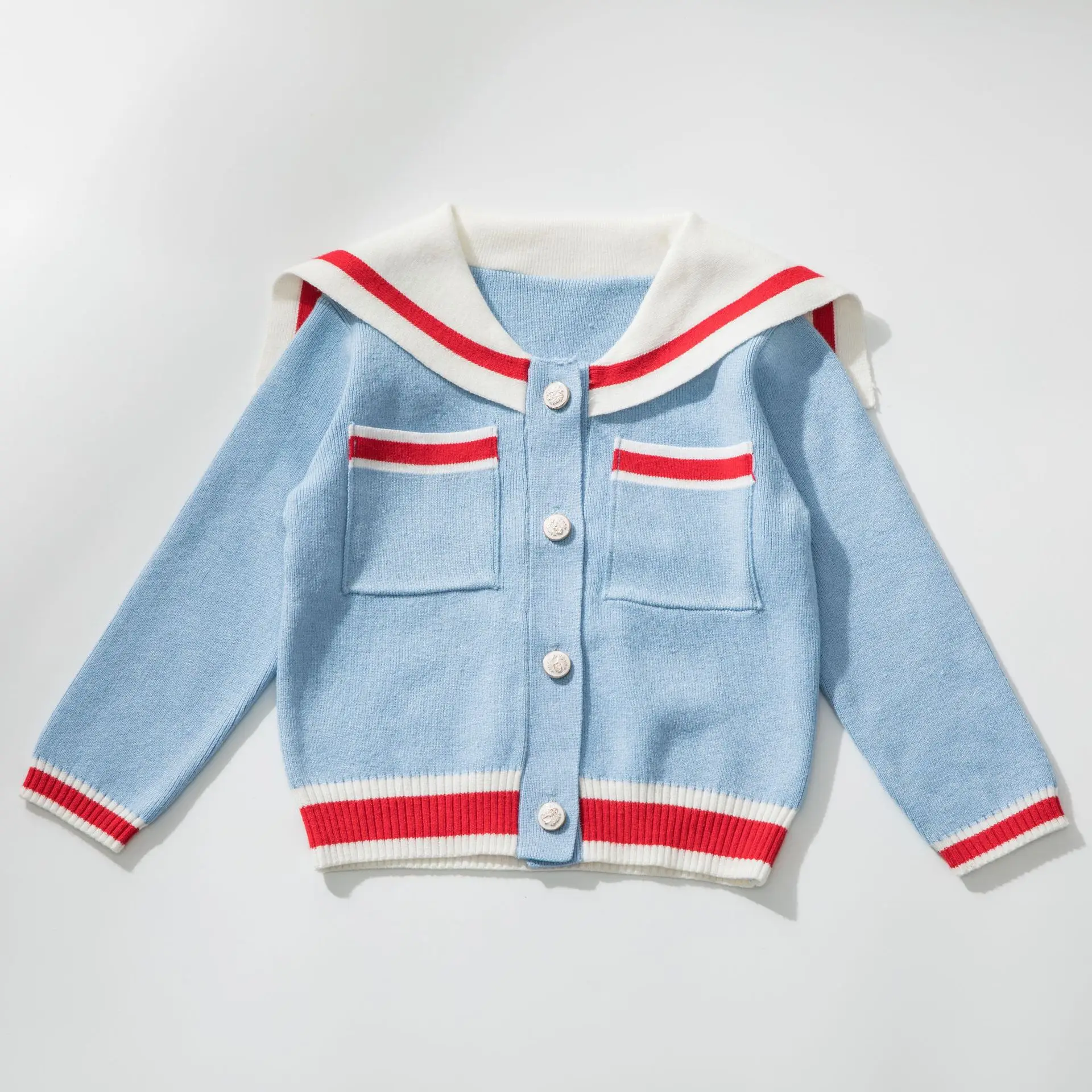 

Girls sweater crew collar knitted cardigan blue color toddler baby girls tops