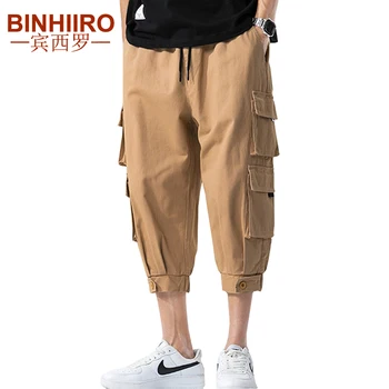 

2020 Men's Beamed Pants Multi-Pocket Elastic Waist Cotton Cargo Pants Summer Comfortable Breathable Solid Color Casual Pants Men