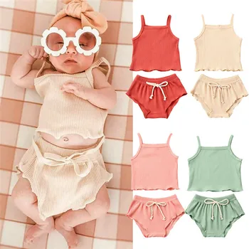 

Toddler Baby Girl Summer Clothes Set Sweet Baby Girls Solid Color Sleeveless Sling Tops T-shirt+Shorts 2Pcs Outfits Set 0-18M
