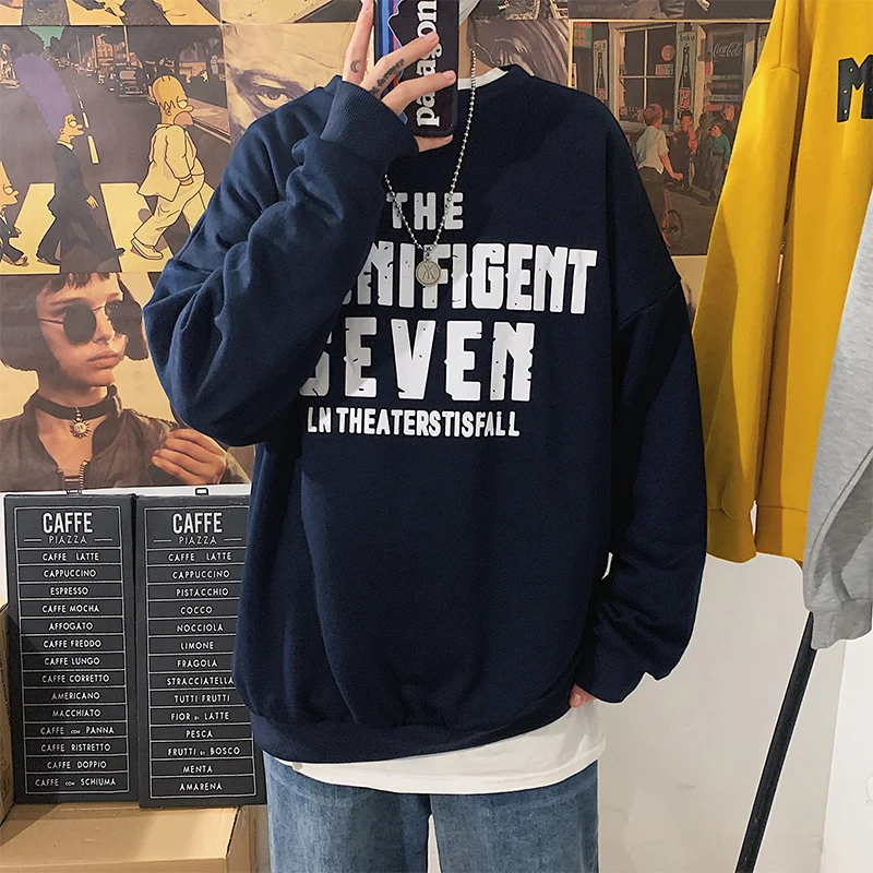 navy blue Зимняя мужская толстовка с капюшоном, модная повседневная с буквенным принтом, Мужская Уличная толстовка с круглым вырезом, свободные толстовки в стиле хип-хоп, мужская толстовка с капюшоном, M-2XL - Цвет: navy blue