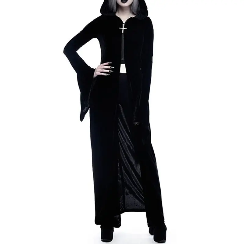 

Halloween Gothic Punk Style Long Hooded School Style Women Split-Forked Slim Hip Hop Velvet Cloak Warm Irregular Sweatshirt