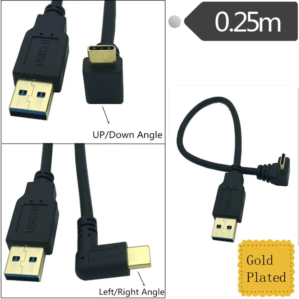 Позолоченный USB 3,0(тип-a) штекер USB3.1(тип-c) штекер 90 ° угол USB синхронизация данных и зарядный кабель разъем(черный) 0,25 м;