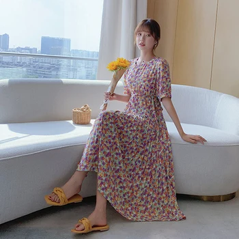 

2020 Korean New Style Chiffon Small Floral Women Dress Print Pleated A-line Sashes Square Collar Slim Summer Clothes For Women