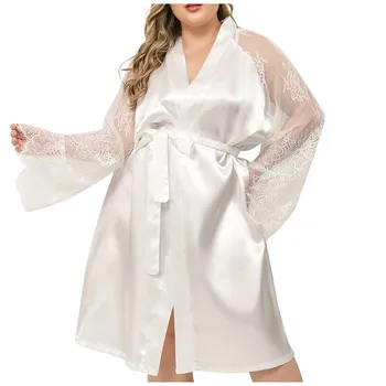 

Plus Size Sexy Lingerie Summer Sexy Women's Ladies White Bride Robes Kimono Robe Satin Silk Lace Night Wear Gown Sleepwear #LR4