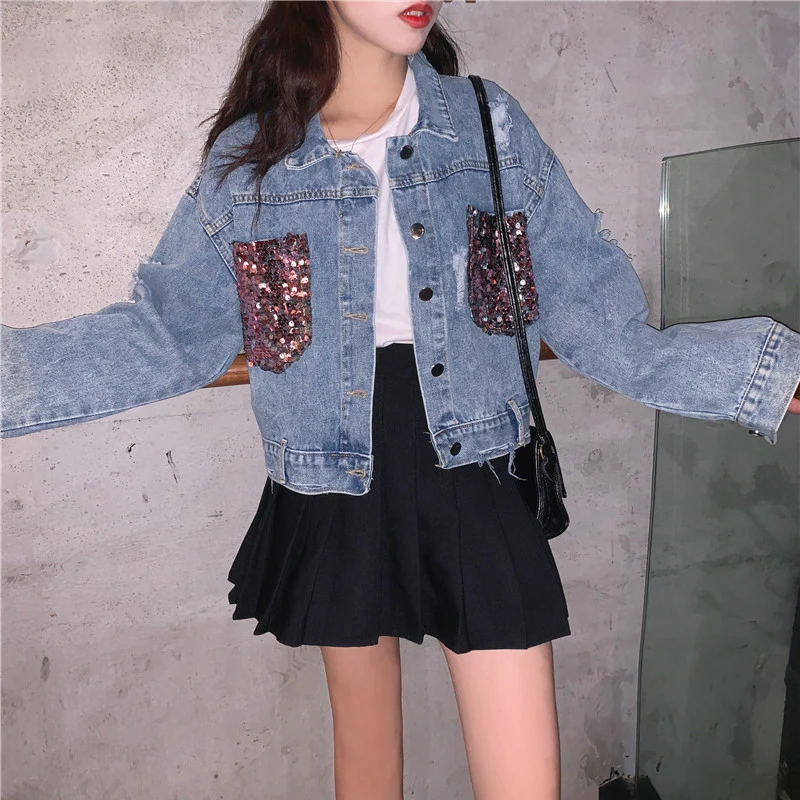 2019 Осенняя Новая модная короткая джинсовая куртка женские толстовки контрастного цвета с блестками плюс размер повседневная свободная