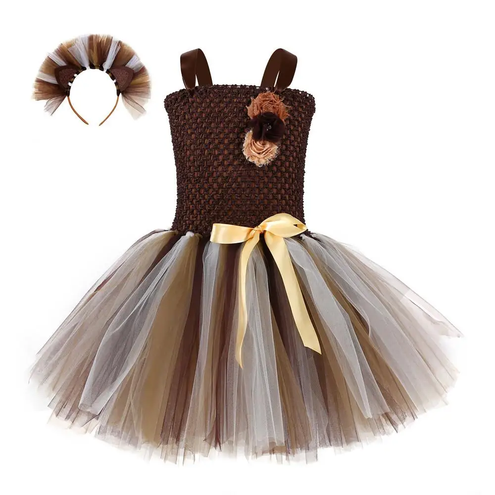 Платье-пачка на Хэллоуин, карнавал, Лев, вечеринка, повязка на голову для девочек, тема животного, день рождения, косплей, костюм, школьная одежда - Цвет: Brown