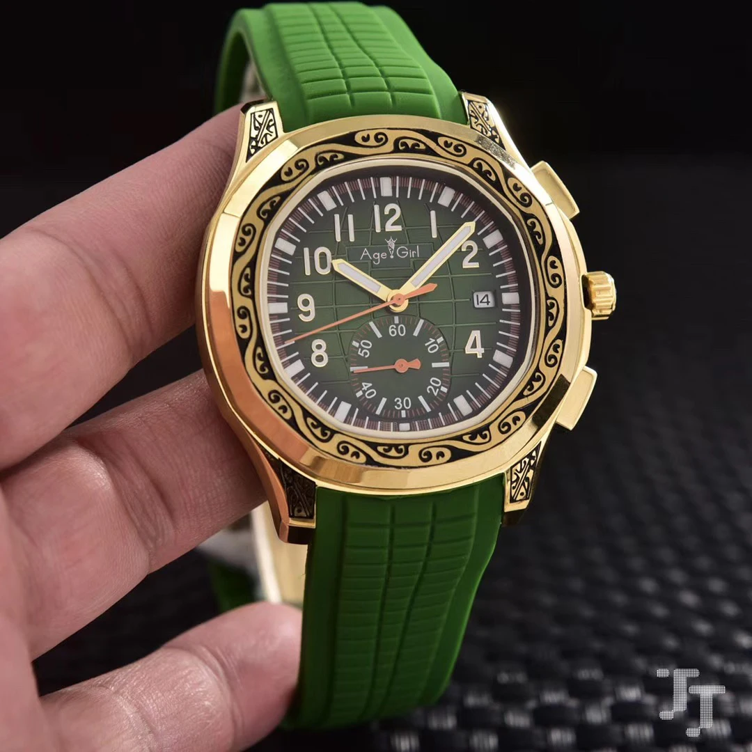 

Luxury Brand New Men Automatic Mechanical Yellow Gold Carved Ancient Black Rubber Sapphire Glass Back Limited Sport Watch Green