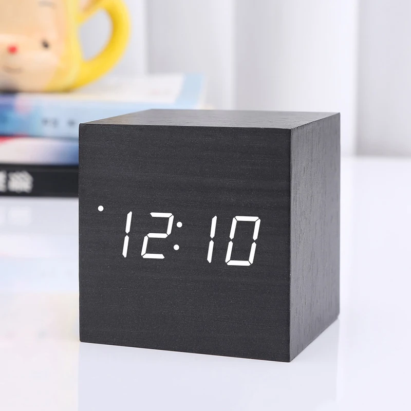 Кубический голосовой контроль деревянные часы цифровой светодиодный Настольный будильник термометр USB проекционный светодиодный дисплей календарь - Цвет: Voice control 01