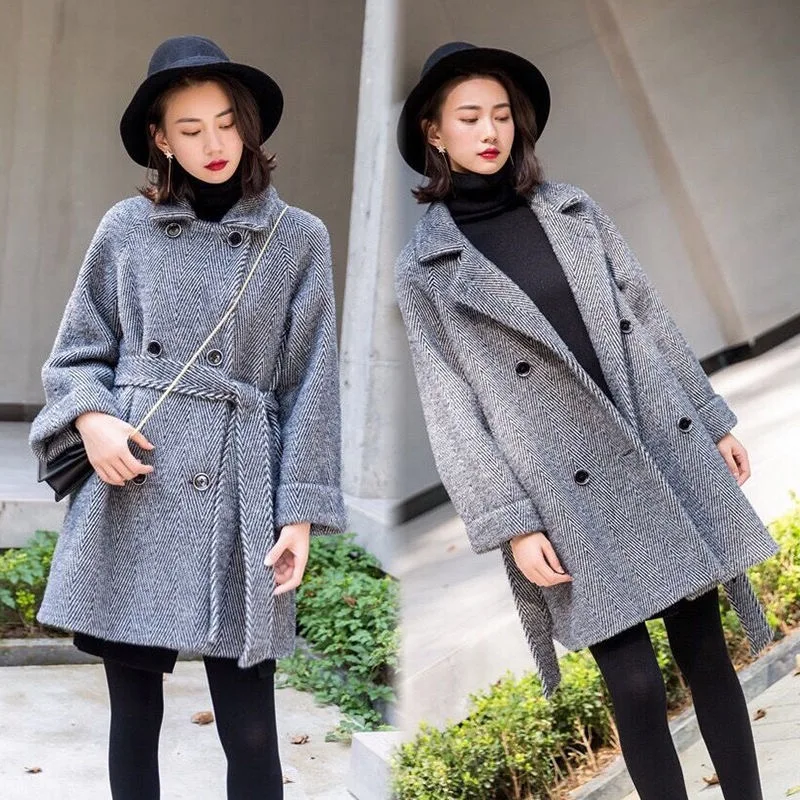 Ceny Jesień płaszcz zimowy kobiety 2019 koreańskie casual kurtka kobiety Plus rozmiar ciepłe, kaszmirowe gruby długi płaszcz w kratę beżowy szary manteau femme