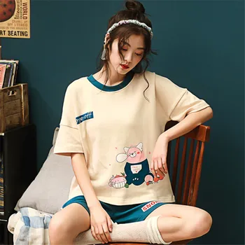

Cartoon cute short sleeve 2 piece set comfortable cotton pajamas 2020 summer cool ladies pajamas girls can wear M-2XL outside