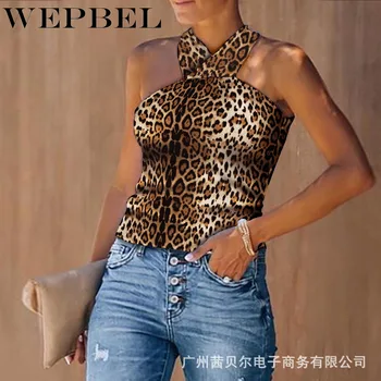 

WEPBEL Camis Summer Backless Fashion Sleeveless Spaghetti Strap Tops Women's Sexy Leopard Print Strap Halter Tops