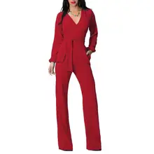Women Jumpsuits Fashion Casual Solid Color V-Neck Long Sleeve Pockets Night Club Lace-up Overalls monos de fiesta 2020 New Hot E