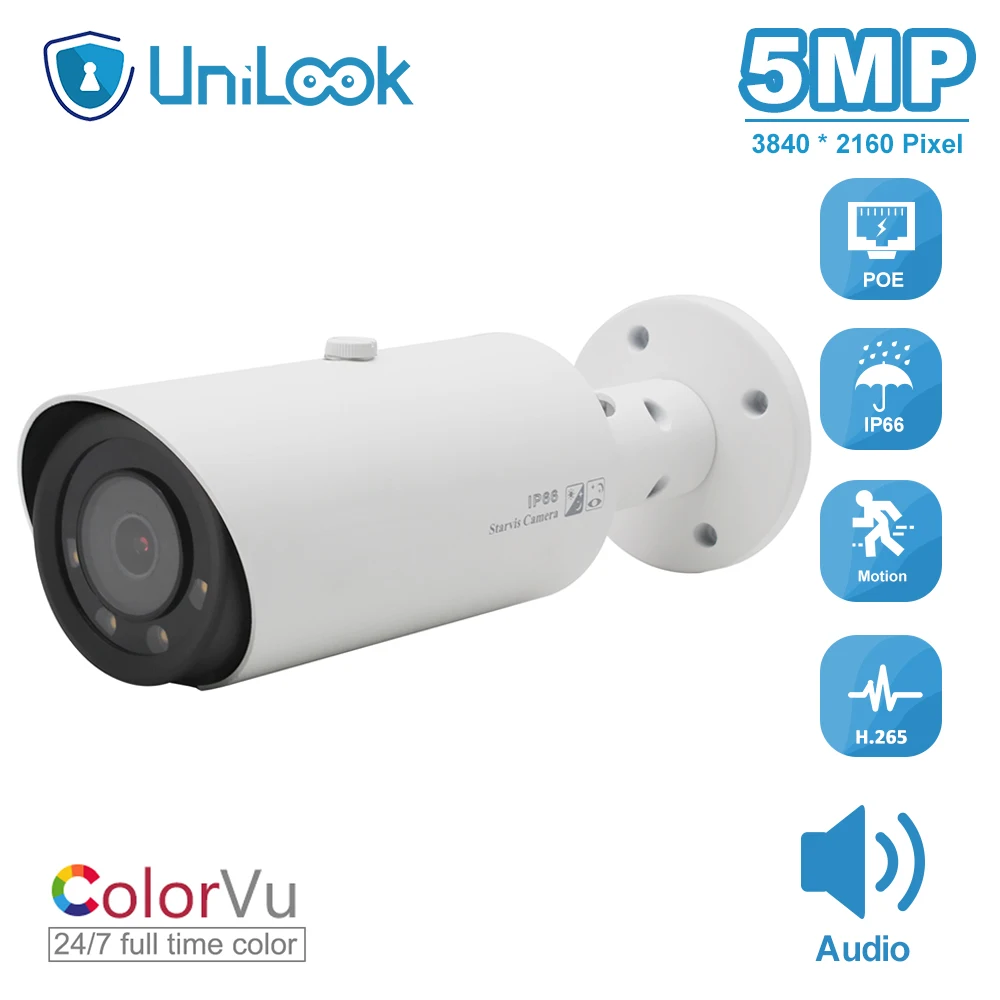 

UniLook 5MP Bullet POE IP Camera ColorVu 3.6mm Fixed Lens Audio IP 66 Motion Detection CCTV Surveillance Onvif H.265 P2P View