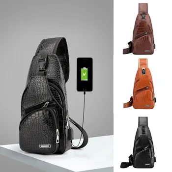 

New Men Diagonal Crossbody Bag Pu Crocodile Pattern Sports USB Chest Bag Outdoor Package Shoulder Messenger Bag