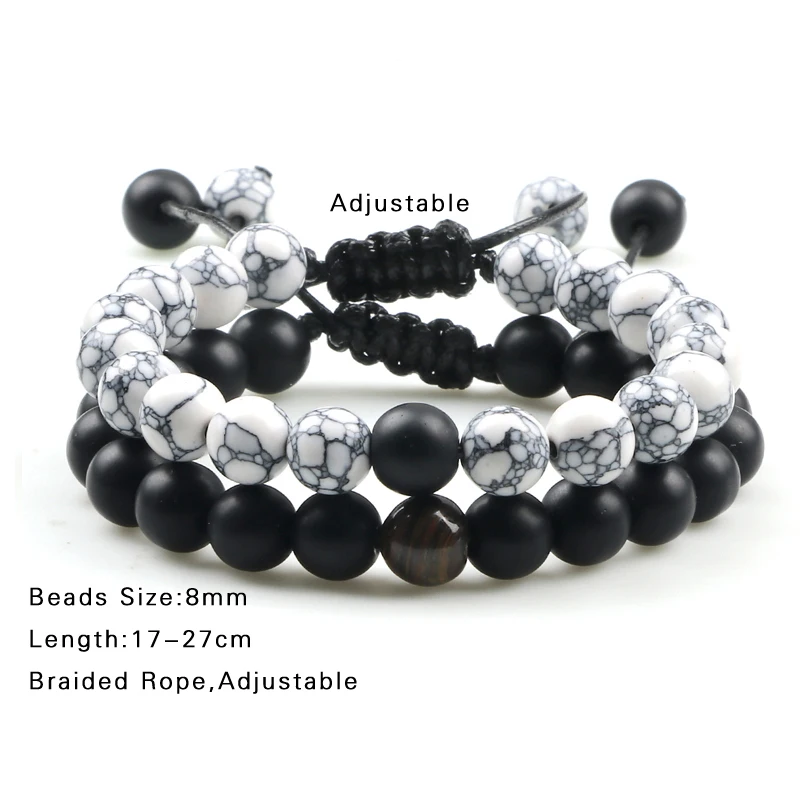 Stone Bead Bracelet 2Pcs Adjustable Braided Natural Stone Beads Bracelets for Couples Women Men Tiger Eye Lava Bracelet Yoga Jewelry