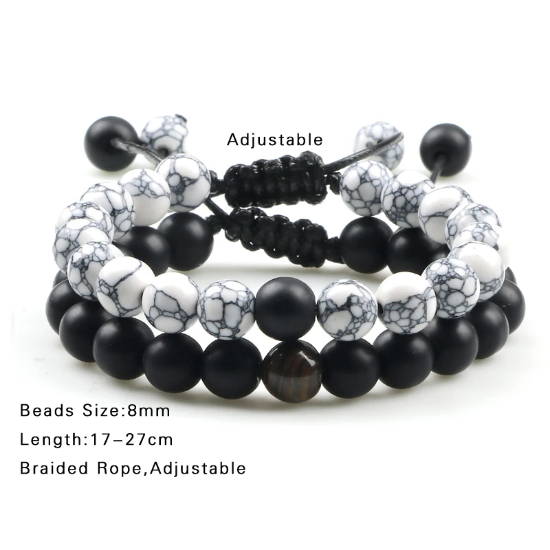 2Pcs Adjustable Braided Natural Stone Beads Bracelets Bangles For Couples Women Men Tiger Eye Lava Bracelet
