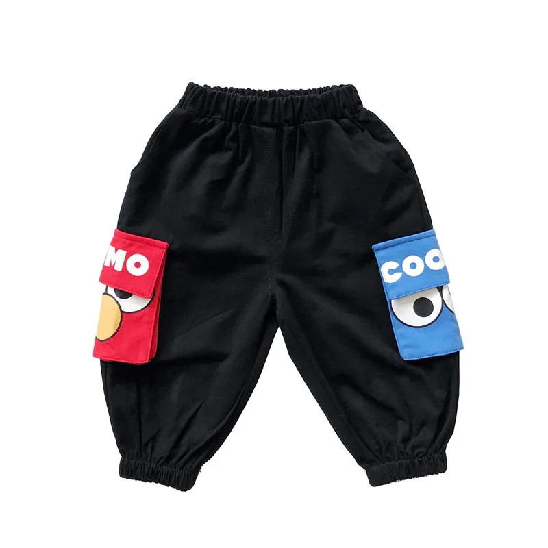 Tonytaobaby/осенне-зимняя одежда новые детские штаны для мальчиков и девочек повседневные черные штаны с большим карманом и рисунком