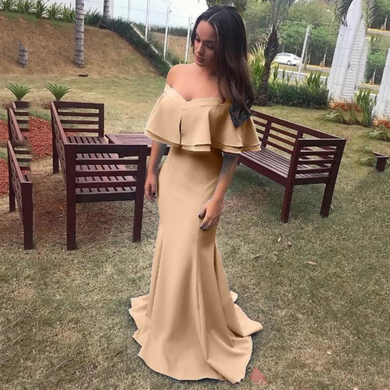 Fashion Elegent Summer Mermaid Evening Dresses Off Shoulder Zipper Back Satin Long Formal Prom gowns vestido de festa
