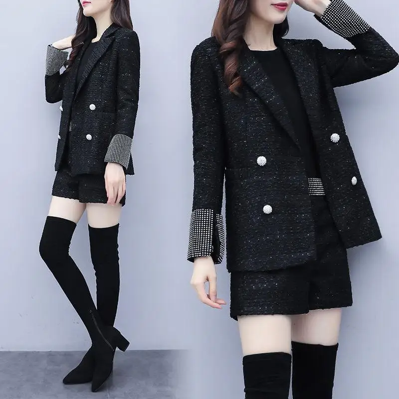 

Set 2019 Black And White with Pattern Small Suit Women's Autumn Shiny Man-made Diamond Small Coat And High-waisted Wide-Leg Shor