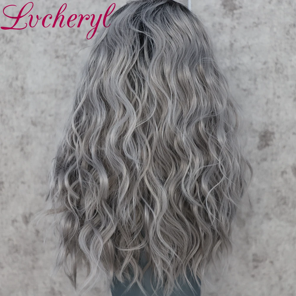 Lvcheryl, черный, Омбре, серый, короткие волнистые волосы, кружевные передние парики, ручная вязка, натуральные волосы, термостойкие синтетические волосы, парики