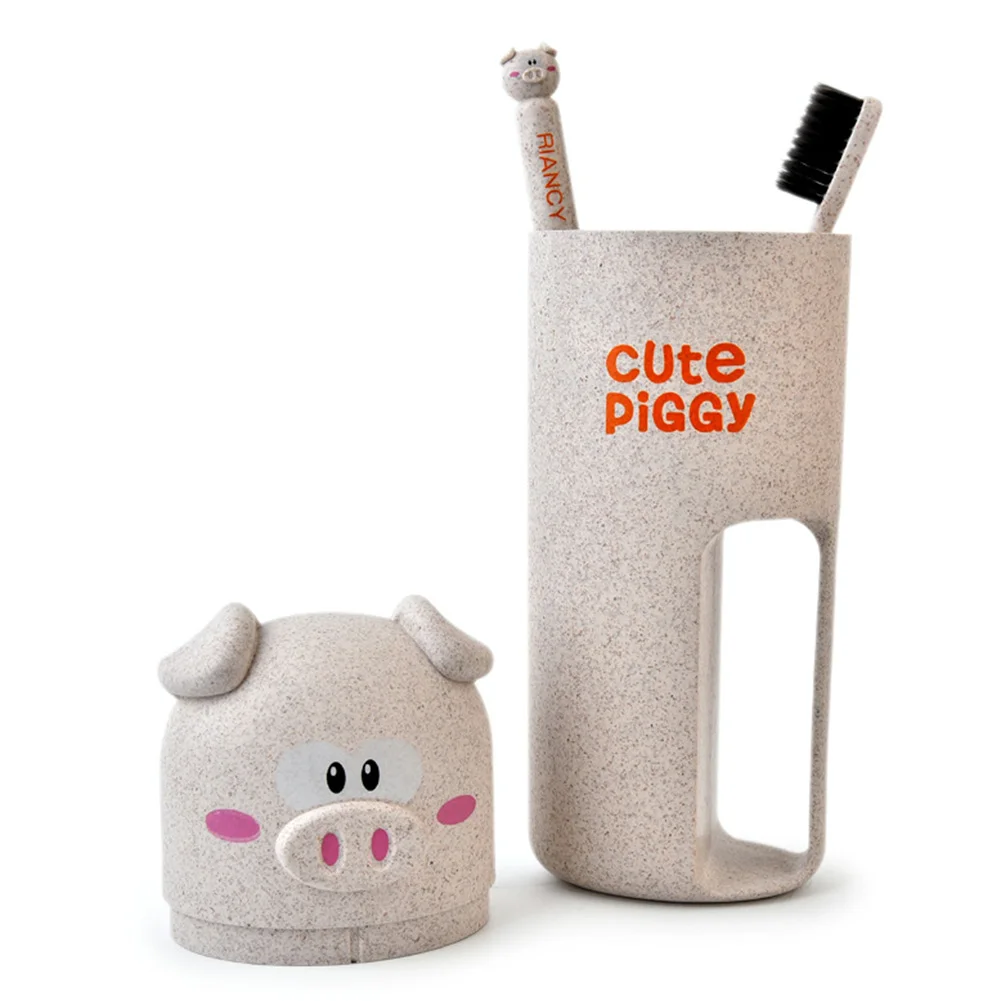 Travel Organizer Storage Wheat Fiber Washing Cup Set Household Cute Piggy With Toothbrush Cartoon Case Accessories Holder - Цвет: Бежевый