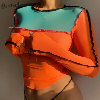 

OrangeA mesh see through long sleeve o-neck crop top striped patchwork asymmetry club party wear t shirts elastic fashion outfit