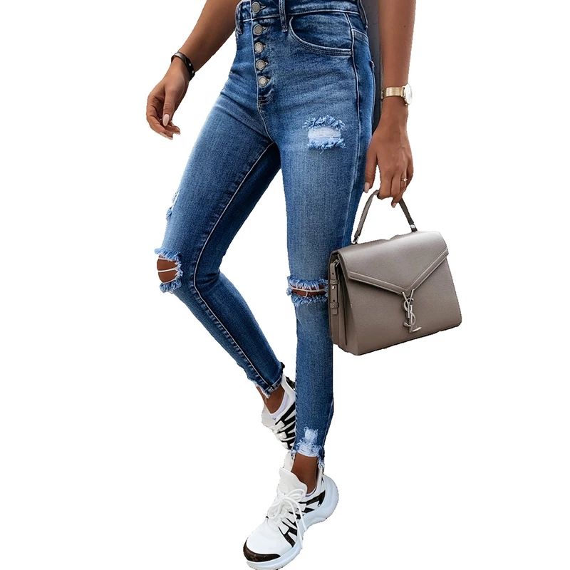 Pantalones vaqueros de cintura alta para mujer, pantalón informal a la moda con agujero de lápiz de pie pequeño, otoño e invierno, 2020