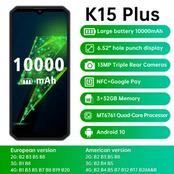 OUKITEL – téléphone portable K15 Plus, écran de 6.52 pouces, SmartPhone, Android 10, Quad Core, MT6761, 3 go de RAM, 32 go de ROM, caméra arrière de 13mp, batterie de 10000mAh 