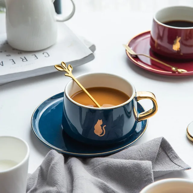 Tasse à café géométrique nordique avec poignée dorée, ensemble de cuillères à  café, tasse à thé en céramique, expresso réutilisable, cadeau de  normalisation, 150ml - AliExpress
