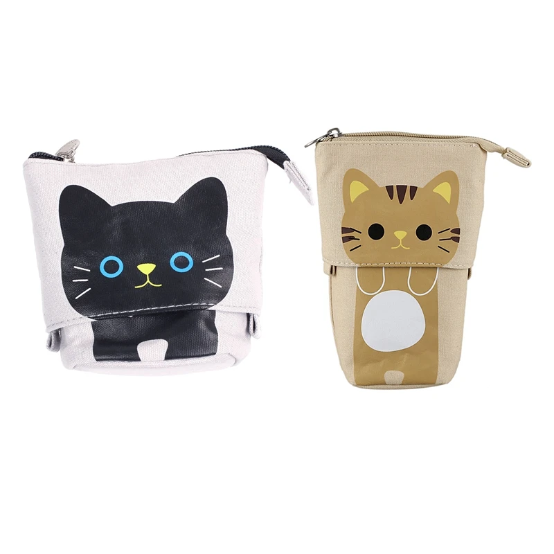 

2 Pcs Canvas Cartoon Cute Cat Telescopic Pencil Pouch Bag Stationery Pen Case Box with Zipper Closure -Gray & Khaki