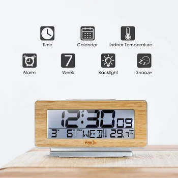 

New Bamboo Digital LCD Alarm Clock Indoor Thermometer Hygrometer Wireless Sensor Digital Alarm Clock with Backlight Snooze Funct