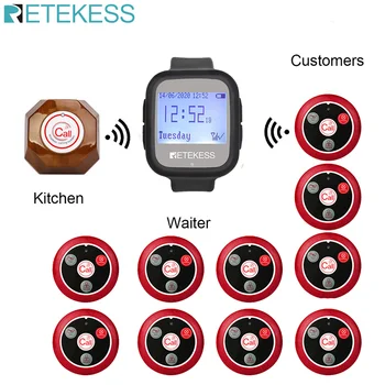 

Retekess TD106 Restaurant Pager Waiter Nurse Queue Wireless Calling System Watch Receiver +1 T113 And 10 T117 Call Buttons
