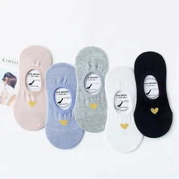 

5-Pairs Summer Women No Show Socks Korean Heart Love Pattern Striped Nonslip Cotton Cute Female Casual Novelty Low Cut Socks