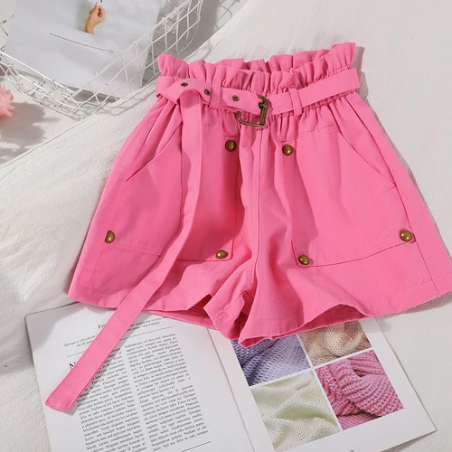 

2020 Korean Style Bud Elastic High Waist Big Pocket Bib Overall Loose Female Solid Color Wide Leg Shorts Student River Shorts