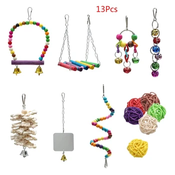 

13 Pcs Bird Parrot Toys Include 7 Hanging Birds Cage Hammock Swing Bell Chew Toy