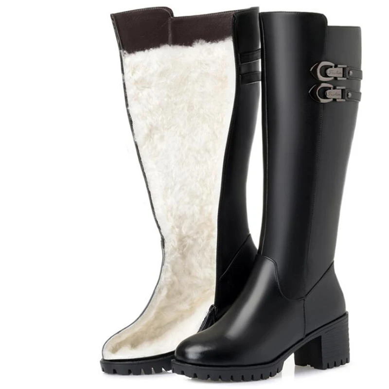 

Cowhide winter long boots wool high boots new female cotton boots but knee long tube leather high heel large size thick with