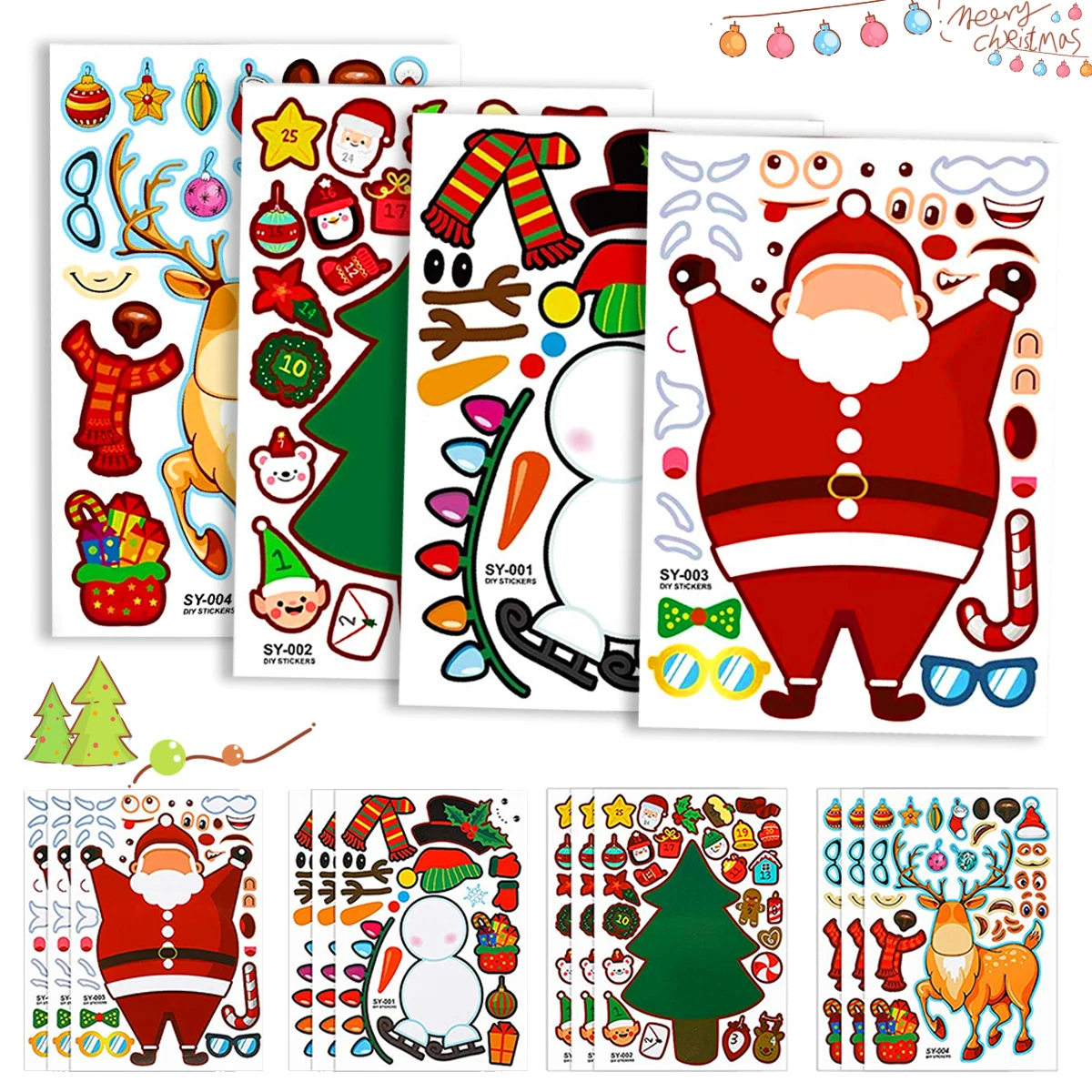 

25 Sheets Christmas Make a Face Stickers Make Your Own Santa Claus Elk Snowman Decal for Toddlers DIY Crafts Xmas Party Favors