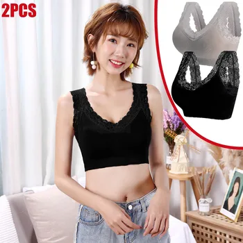

2pcs Women Underwear Lace Wireless Camisole Sport Comfortable Cami Top Wireless Pijamas Lingerie Backless Crop Tops Cueca Mulher