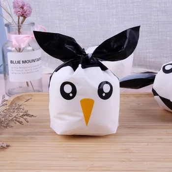 

800 X Black Penguin Pattern Rabbit Ear Nougat Bags Cute Plastic Cookie Biscuit Pouches For Party Supplies 13.5x22cm