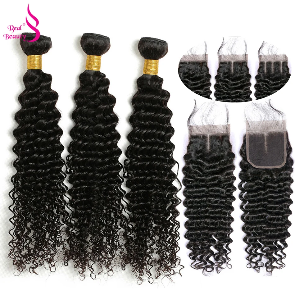 

Indian Deep Wave Bundles With Closure 100% Remy Human Hair Weave 8-28 Inches With Lace Closure Natural Color Real Beauty Hair