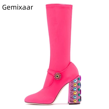 

Chic Winter 2020 Stretch Fabric Sock Boots Women Jeweled Diamond High Heel Round Toes Crystal Buckle Belt Runway Botas Mujer
