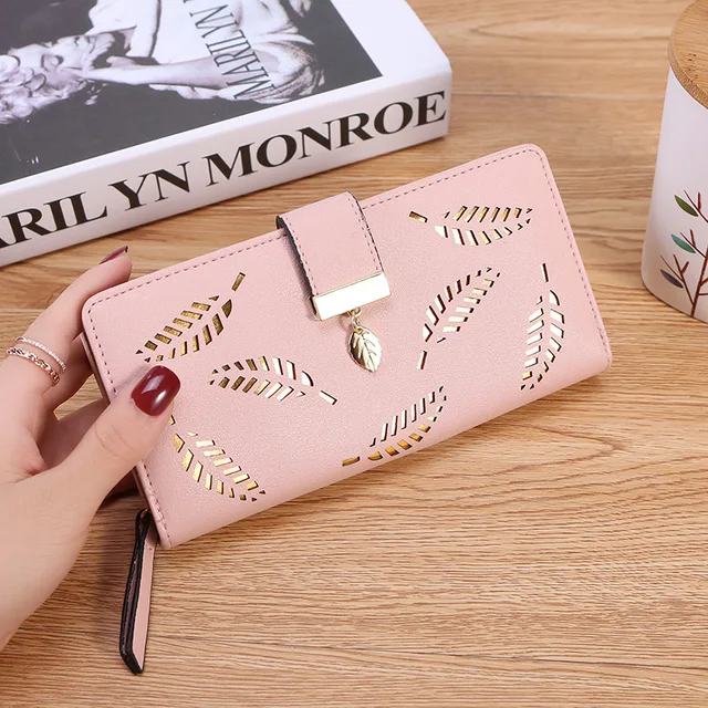 Women's Hollow Golden Leaf Buckle Wallet Female Long Zipper Coin Purses Ladies Multifunction Card Holder Clutch Money Bag Pink