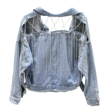 

Vintage Rear Back Hollow Out Tassel Denim Jacket Women 2020 Spring Autumn New Fashion Jeans Jacket Women Loose Basic Coat Q1375