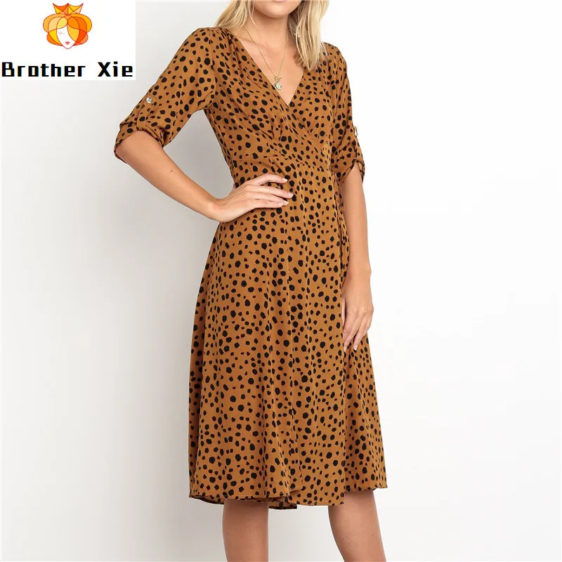 

Women Fashion Leopard Print Long Dresses 2020 Spring V Neck Elegant Party Dress Female Half Sleeve Vintage Casual Dress