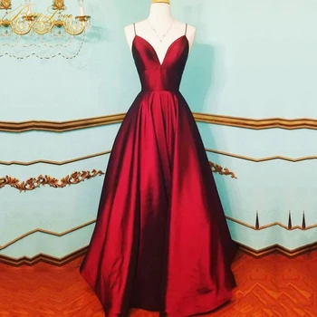 

Burgundy Evening Dress Taffeta Gown Long Formal Abiye Spaghetti Straps Wine Red Prom Party Dress Backless