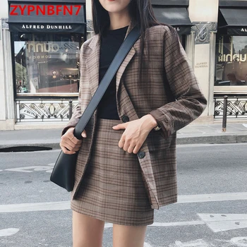 

2020 Spring Autumn Retro Loose British-Style Casual Elegant Plaid Suit Jacket Women's OL Mini Plaid Elegant Pants