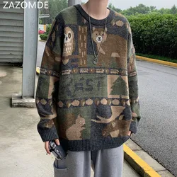 ZAZOMDE Winter Sweaters Men Casual Round Neck Bear Pattern Retro Mens Pullovers Hip Hop Couple Sweater High Street Pullover 2021