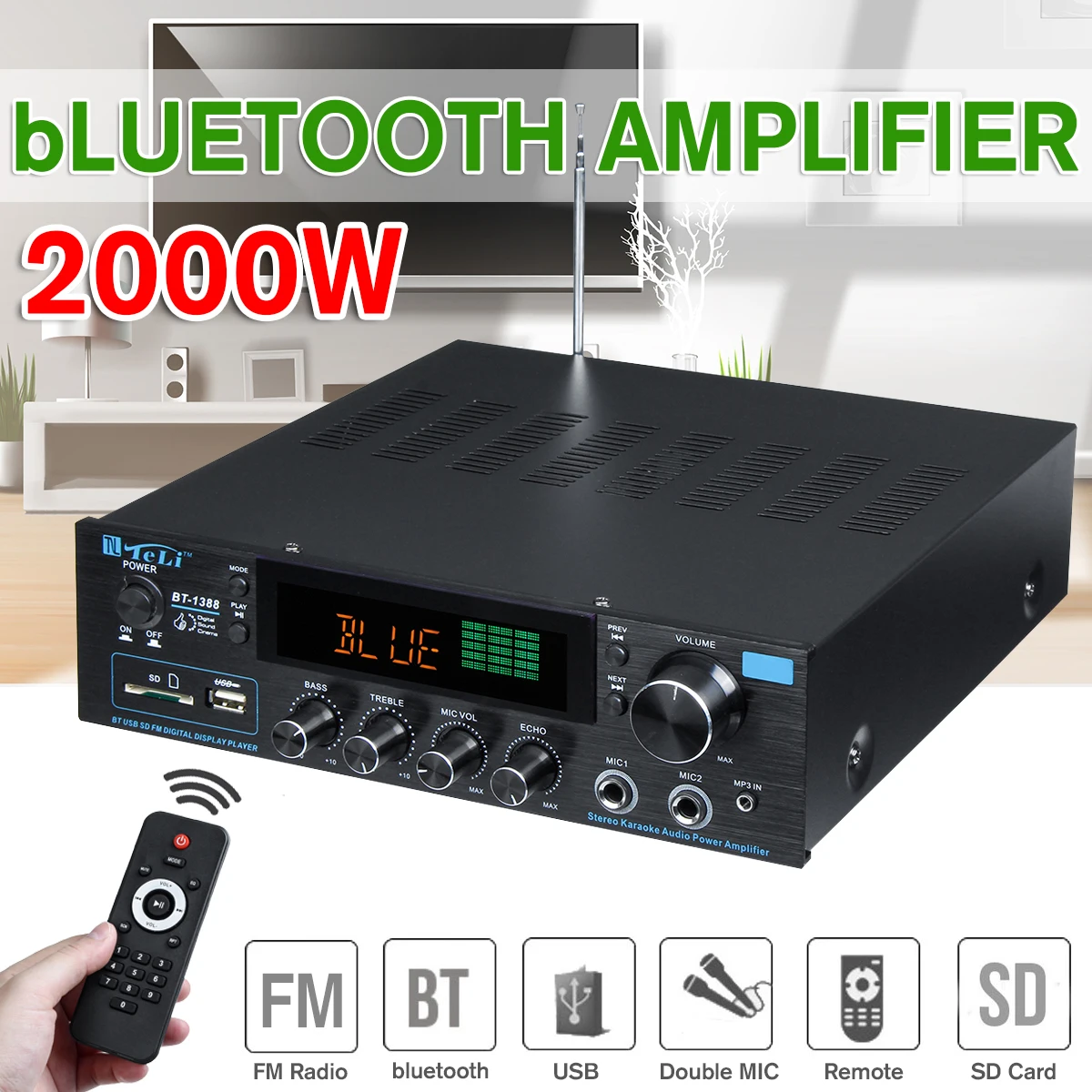 

2000W Wireless Digital Audio Amplifier 16ohm bluetooth Stereo Karaoke Amplifier 2MIC Input FM RC Home Car Theater Amplifier