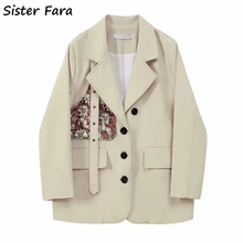 Sister Fara Chic Patchwork Blazer Jacket Women Spring 2021 Loose Single Breasted Jacket Coat Autumn Office Lady Lace Up Blazers