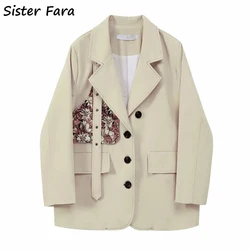 Irmã fara chique retalhos blazer jaqueta feminina primavera 2021 solto único breasted casaco outono senhora do escritório rendas até blazers